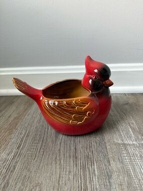 Cardinal Ceramic Bird Planter Red Gold Wing Detail Napco Imports Red Small